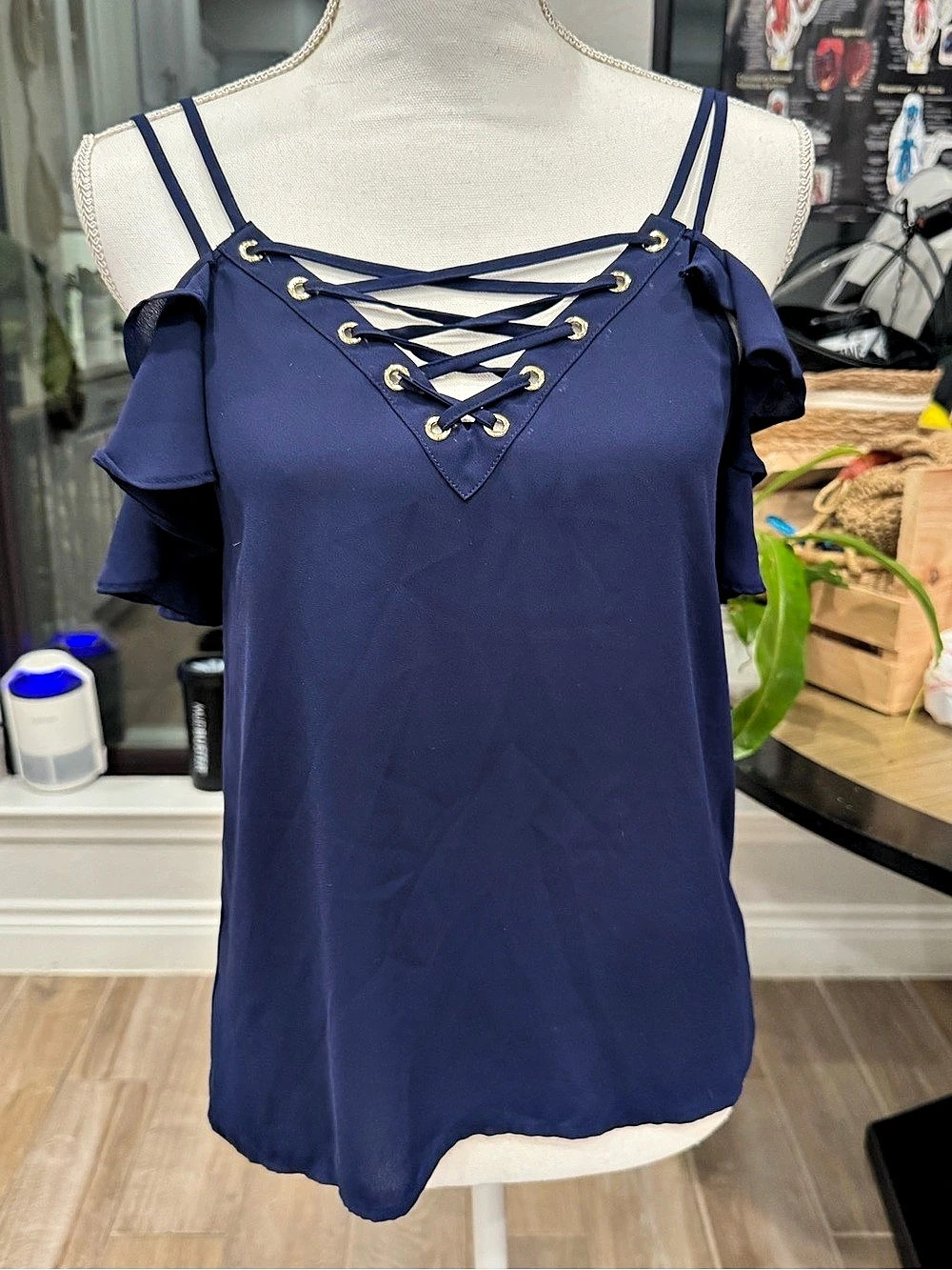 Express Lace Up Cold Shoulder Ruffle Blouse in Blue, Gold Lace-Up Neckline, XS